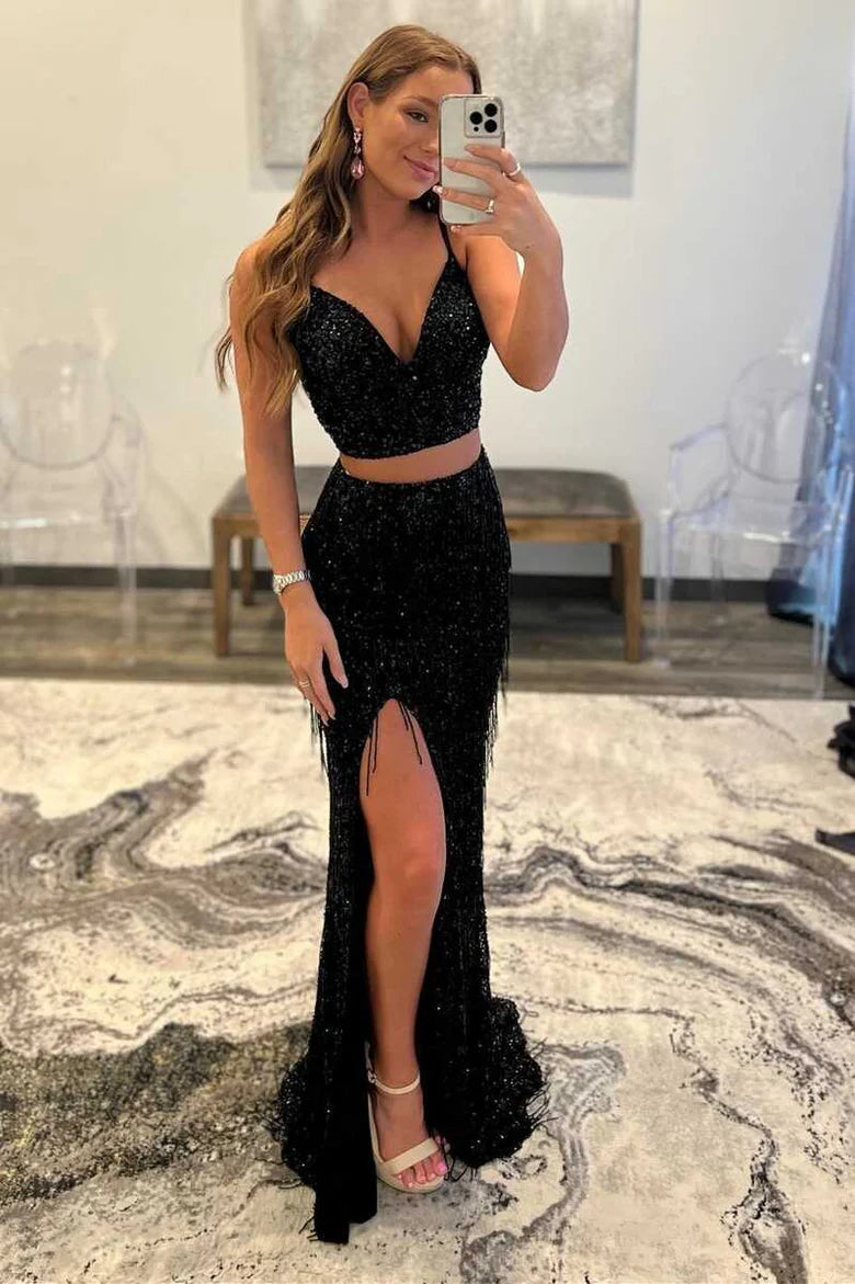 Two-Piece Sequin Fringe Long Prom Dress with Slit