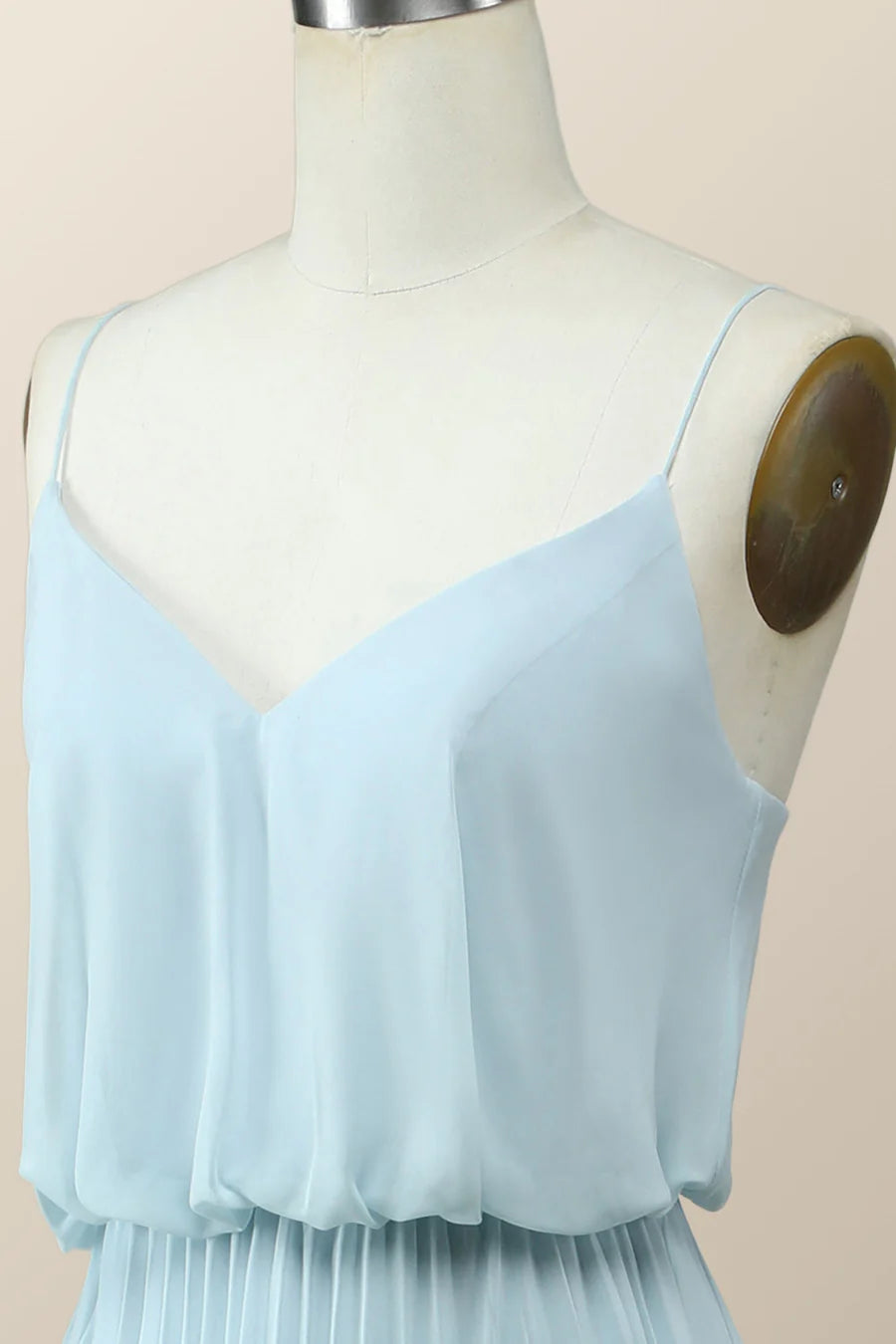 Straps Blue Pleated Full Length Bridesmaid Dress