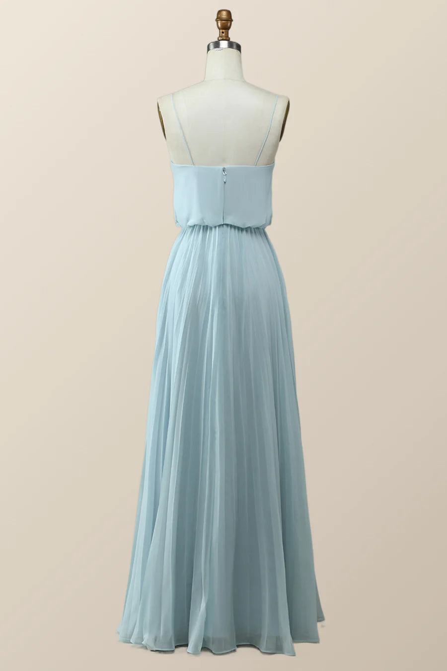 Straps Blue Pleated Full Length Bridesmaid Dress