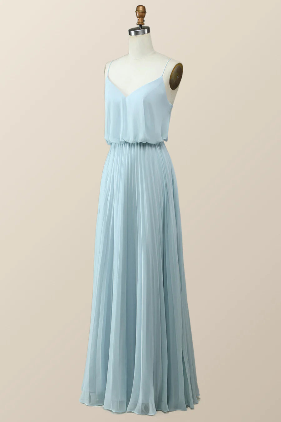 Straps Blue Pleated Full Length Bridesmaid Dress