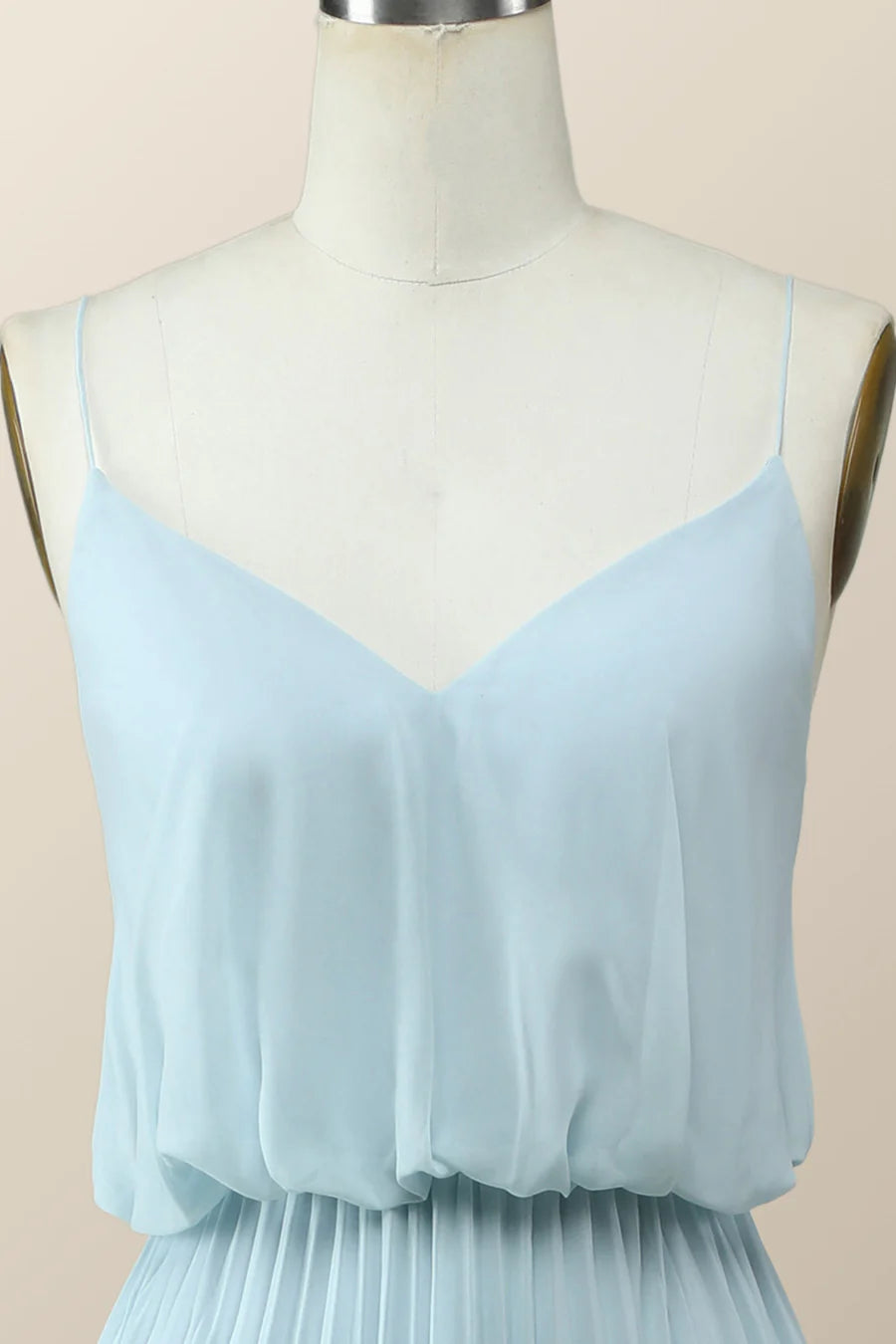 Straps Blue Pleated Full Length Bridesmaid Dress