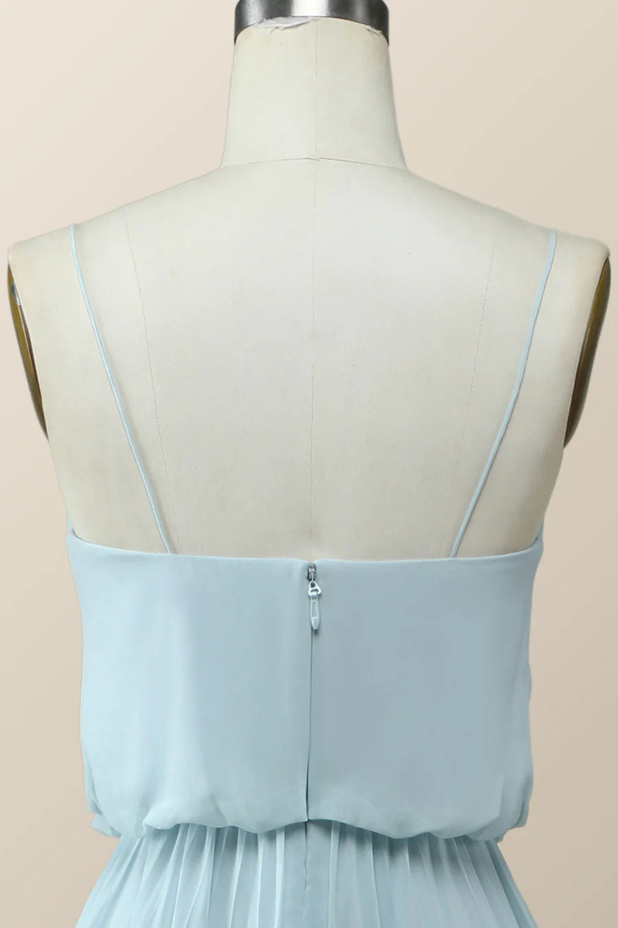 Straps Blue Pleated Full Length Bridesmaid Dress