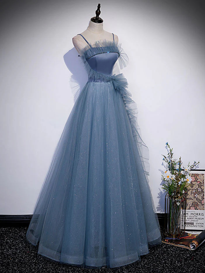 Gray blue tulle long prom dress gray blue A line evening dress