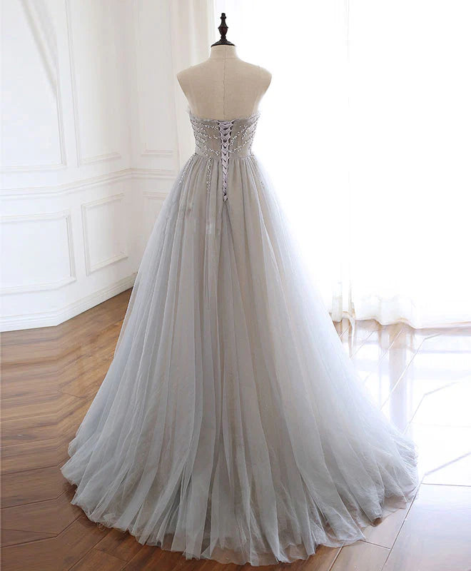 Sweetheart Tulle Beads Long Prom Dress Gray Tulle Formal Dress