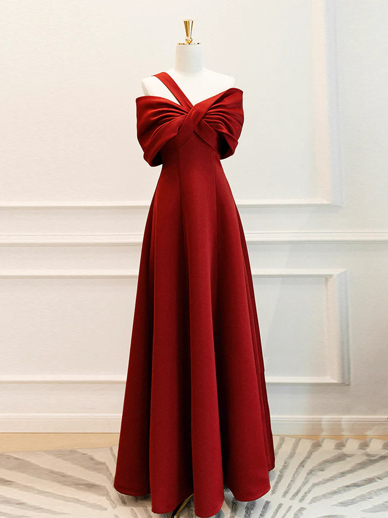 A-Line One Shoulder Satin Burgundy Long Prom Dress