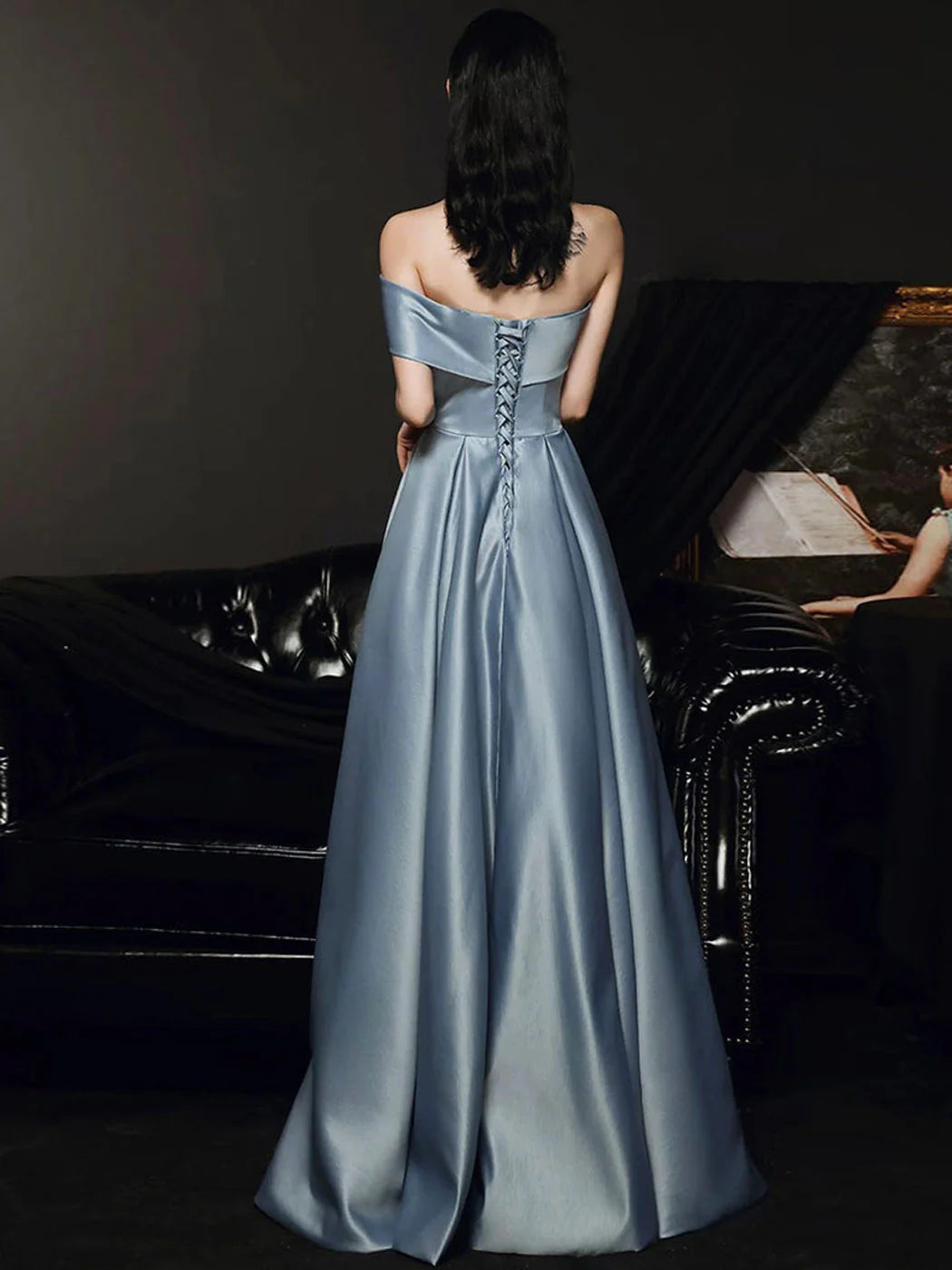 A Line Satin Gray Blue Long Prom Dress Gray Blue Long Bridesmaid Dress