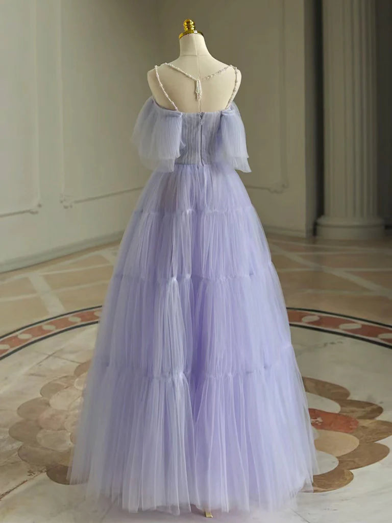 A-Line Tulle Purple Long Prom Dress Purple Long Graduation Dress