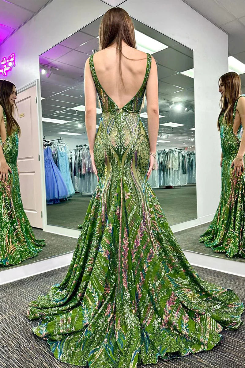 Grape V Neck Sequin Lace Mermaid Long Prom Dresses