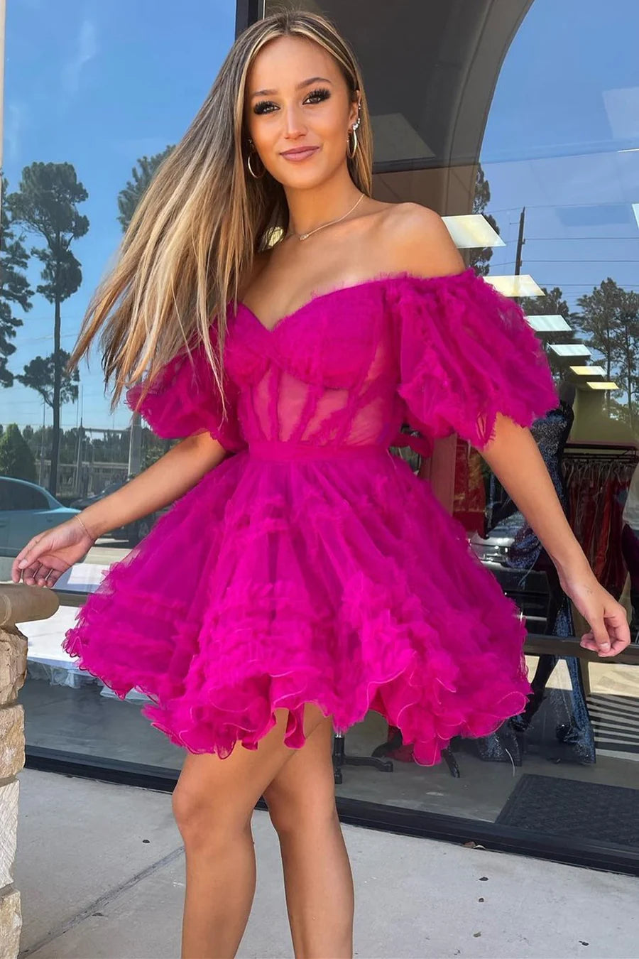Sweetheart Puff Sleeve A-Line Short Party Dress with Ruffles