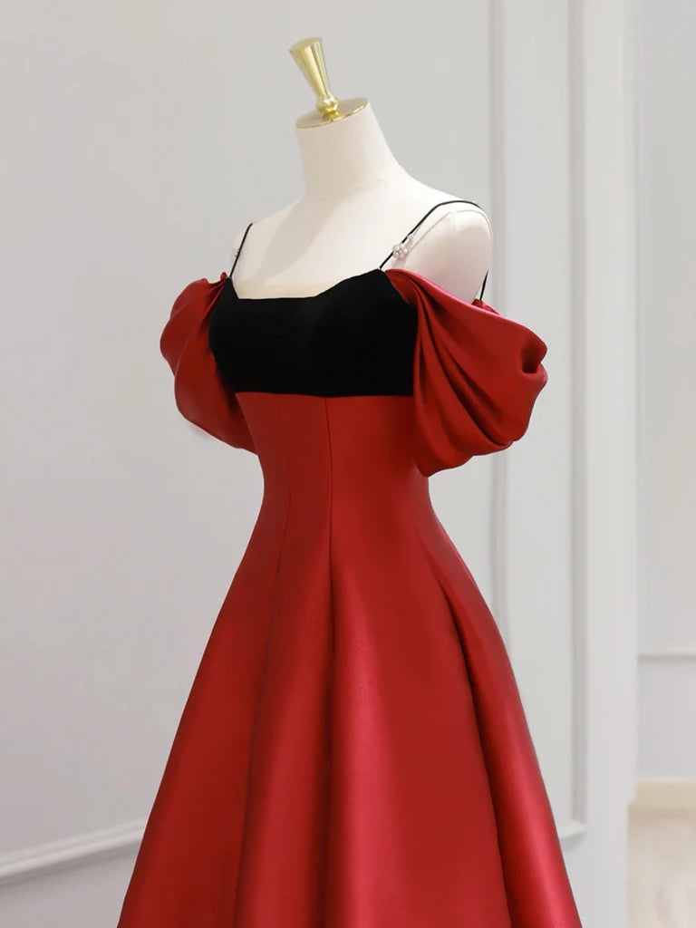 A-Line Off Shoulder Satin Dark Red Long Prom Dress