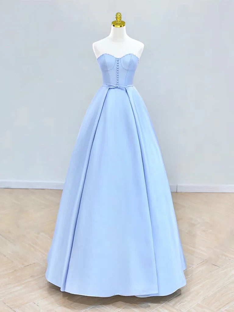 A-Line Sweetheart Neck Satin Blue Long Prom Dress