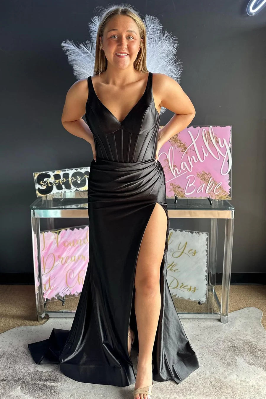 V-Neck Ruched Mermaid Long Formal Dress with Slit