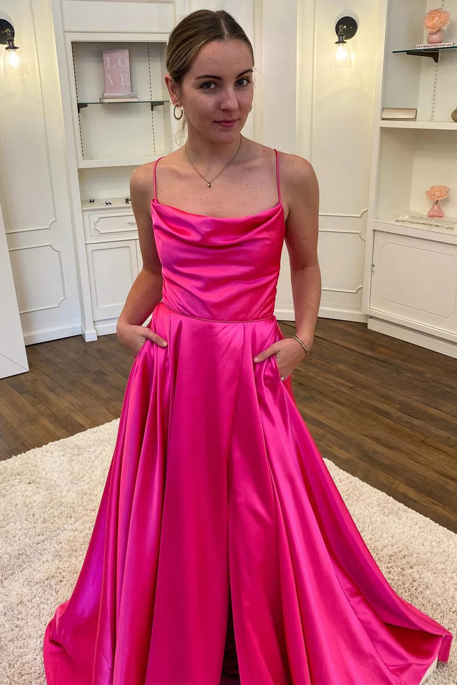 Satin Cowl Neck A-Line Long Prom Dress