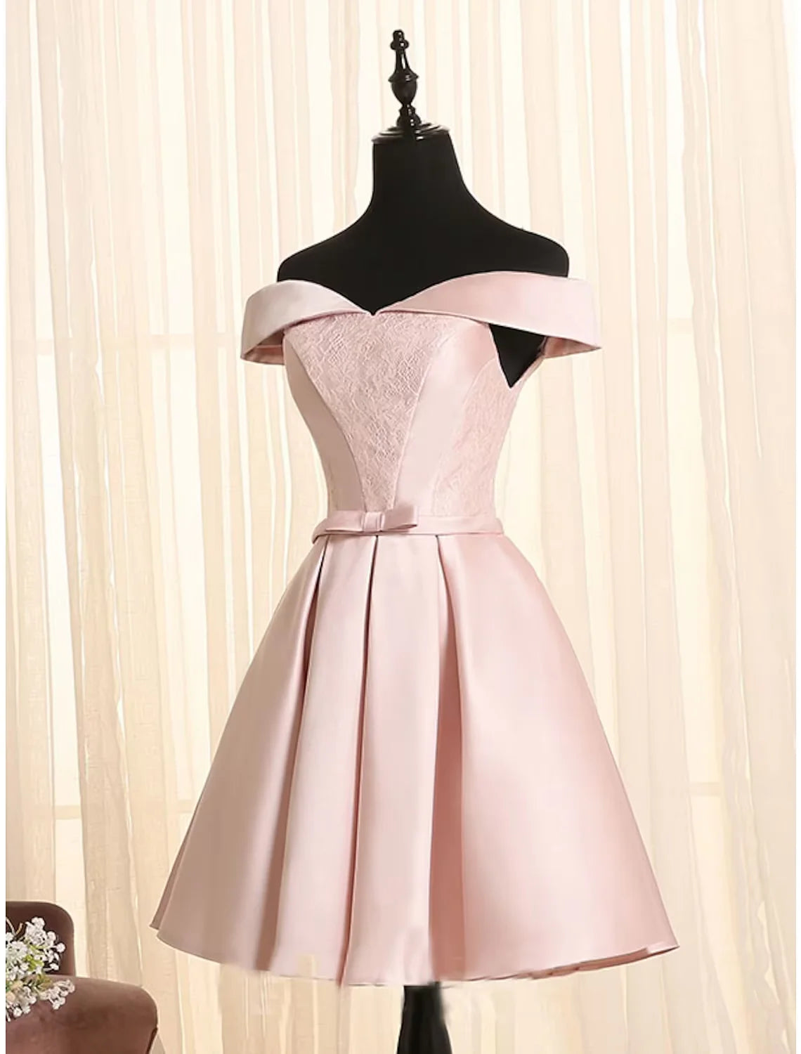 DingjiA-Line Minimalist Elegant Engagement Cocktail Party Dress Off Shoulder Sleeveless Short / Mini Satin with Bow(s) Lace Insert