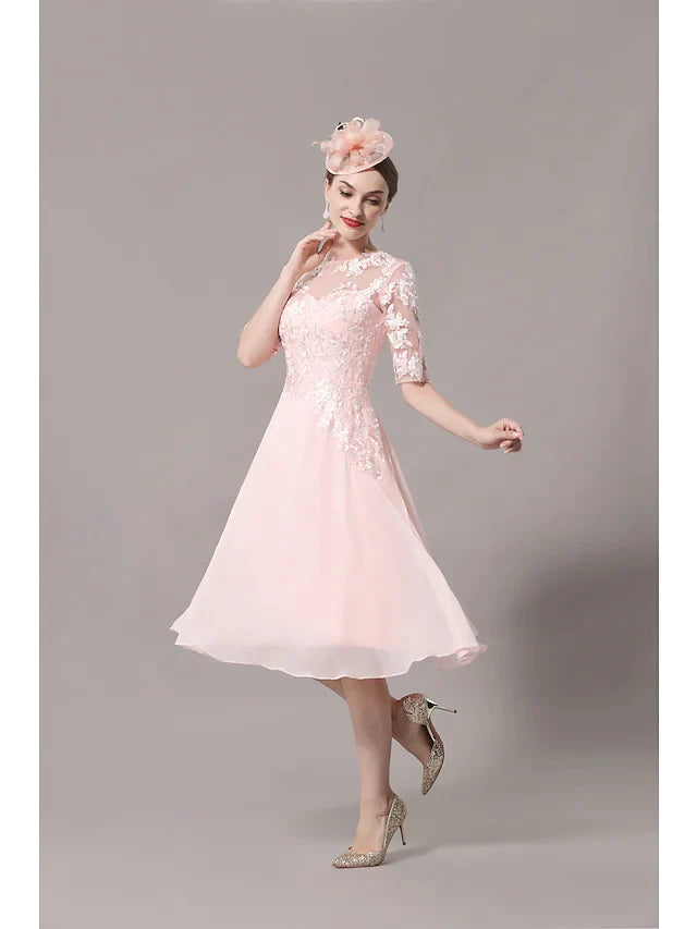 A-Line Mother of the Bride Dress Elegant Illusion Neck Knee Length Lace Satin Half Sleeve with Pleats Appliques