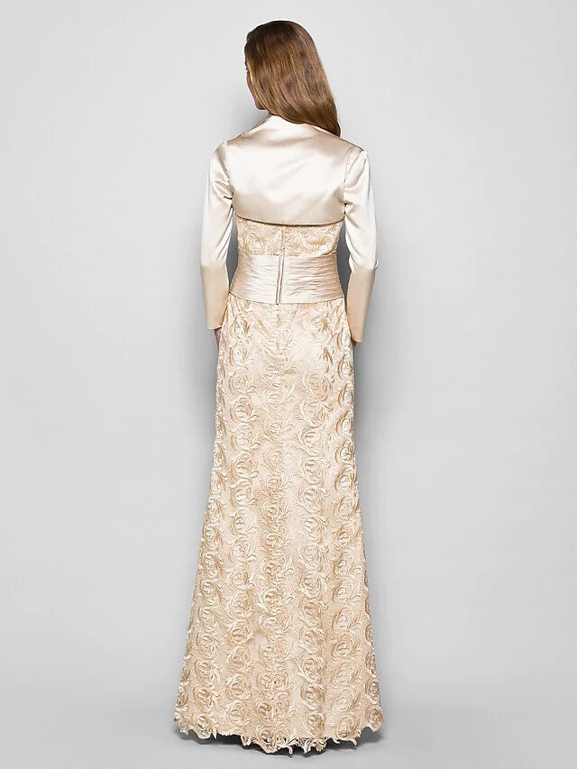 Mother of the Bride Dress Wrap Included Sweetheart Neckline Floor Length Lace Satin 3/4 Length Sleeve with Sash Ribbon Ruched