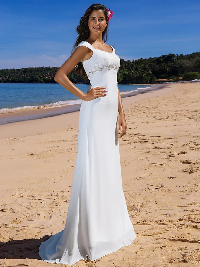 DingjiWedding Dresses Scoop Neck Chiffon Cap Sleeve Beach Plus Size with Beading Draping Button