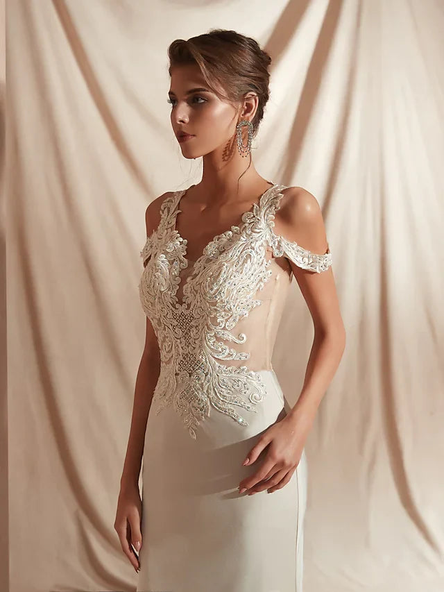 DingjiMermaid Trumpet Wedding Dresses V Neck Asymmetrical Matte Satin Short Sleeve Casual Sexy Illusion Detail Modern with Appliques