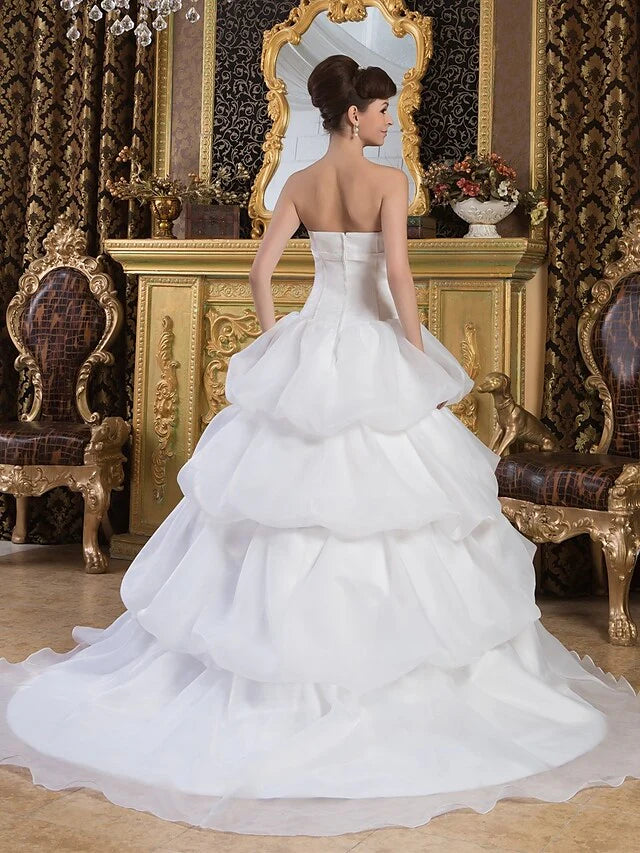 DingjiBall Gown Wedding Dresses Strapless Court Train Organza Satin Strapless with Pick Up Skirt Bow(s)