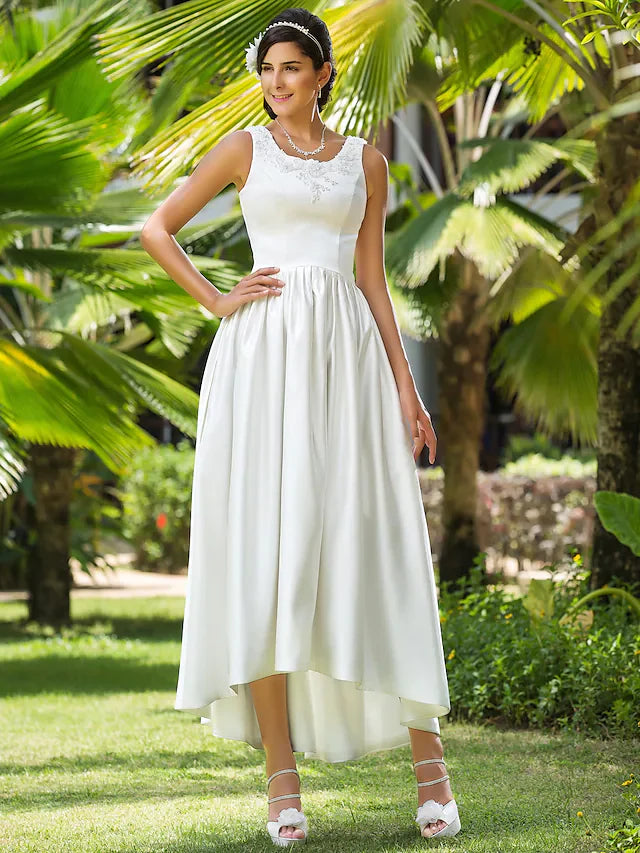 DingjiPrincess A-Line Wedding Dresses Scoop Neck Asymmetrical Satin Sleeveless with Beading Appliques Pocket