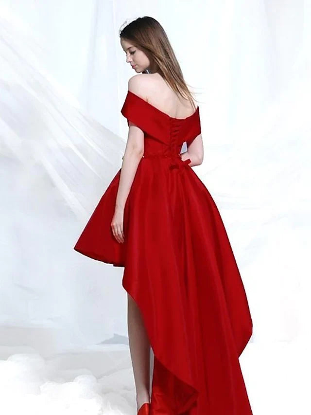 DingjiA-Line Elegant Engagement Cocktail Party Dress Off Shoulder Sleeveless Asymmetrical Satin with Bow(s)