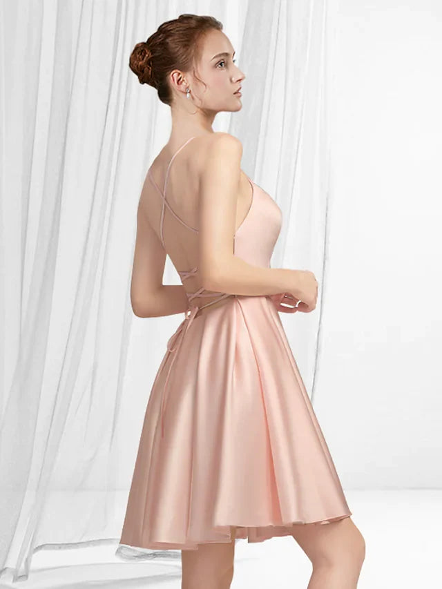 DingjiA-Line Minimalist Sexy Graduation Party Wear Dress Spaghetti Strap Sleeveless Short Mini Satin with Pleats