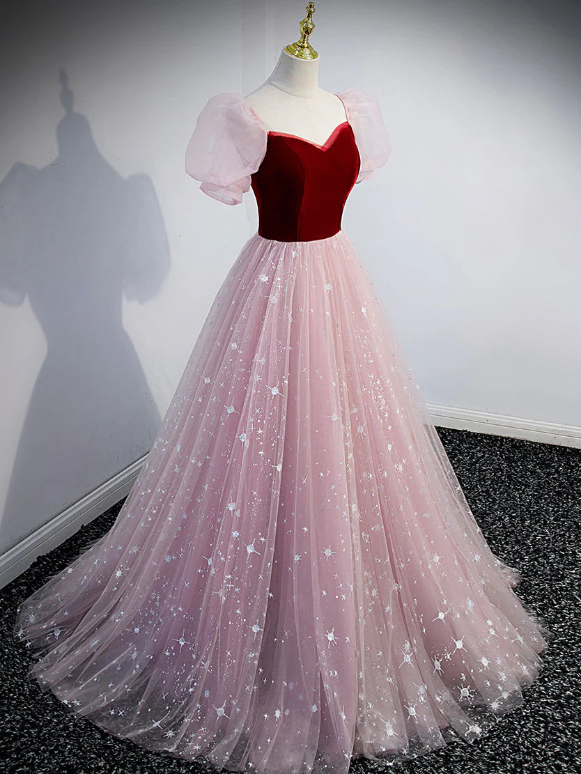 A line Tulle Long Prom Dress Pink Tulle Evening Graduation Dresses