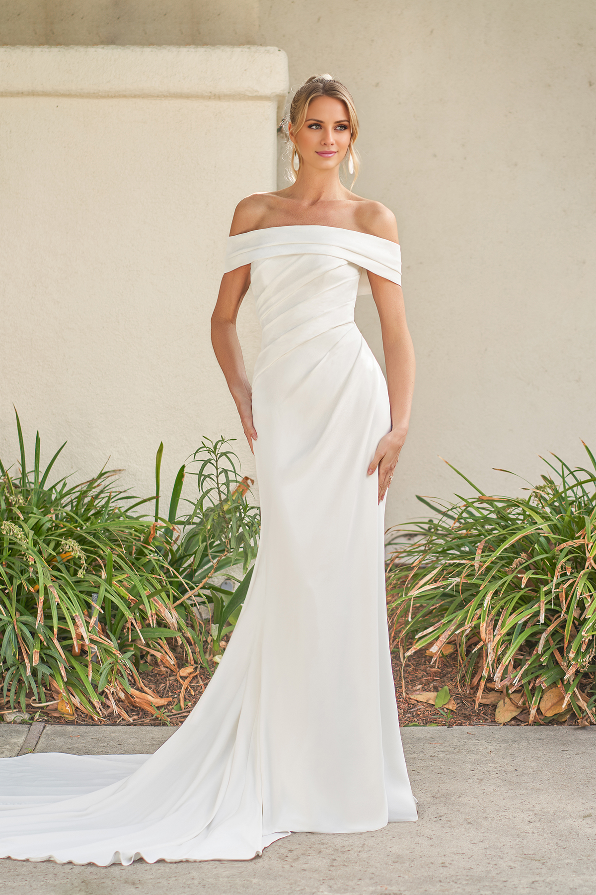 Off shoulder collar sleeveless backless and floor length wedding dress