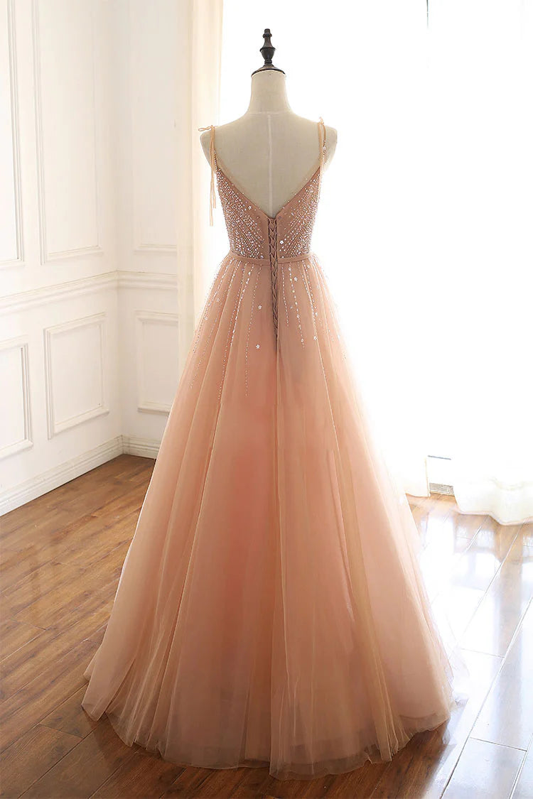 Champagne tulle beads sequin long prom dress evening dress
