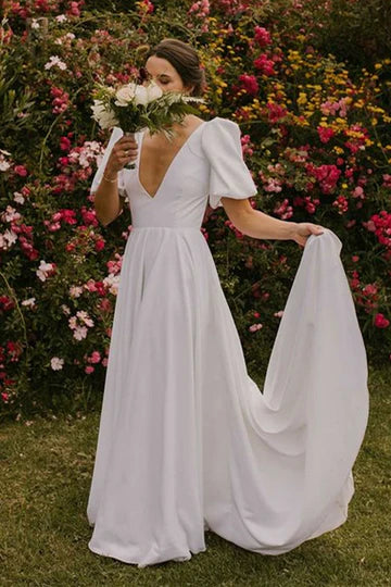 Puff Sleeves Plunge Neck Long Wedding Dress