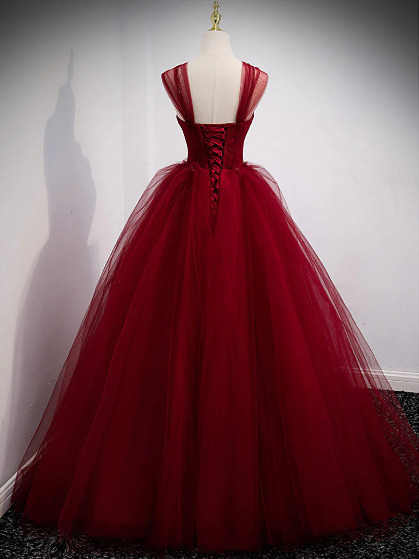 Simple burgundy tulle sequin long prom dressburgundy evening dress