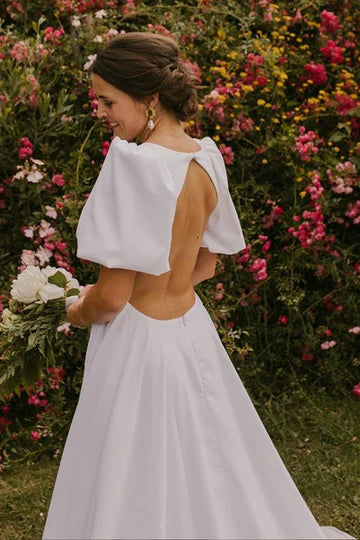 Puff Sleeves Plunge Neck Long Wedding Dress