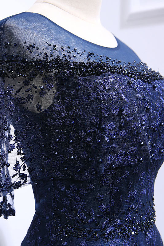 Dark blue lace long prom dress blue lace evening dress