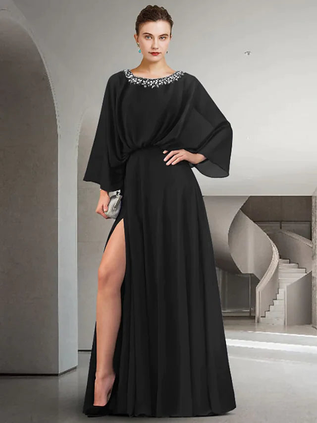 Mother of the Bride Dress Elegant Jewel Neck Floor Length Chiffon Long Sleeve with Pleats Beading Split Front