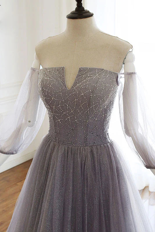 Unique tulle sequin long prom dress, tulle evening dress