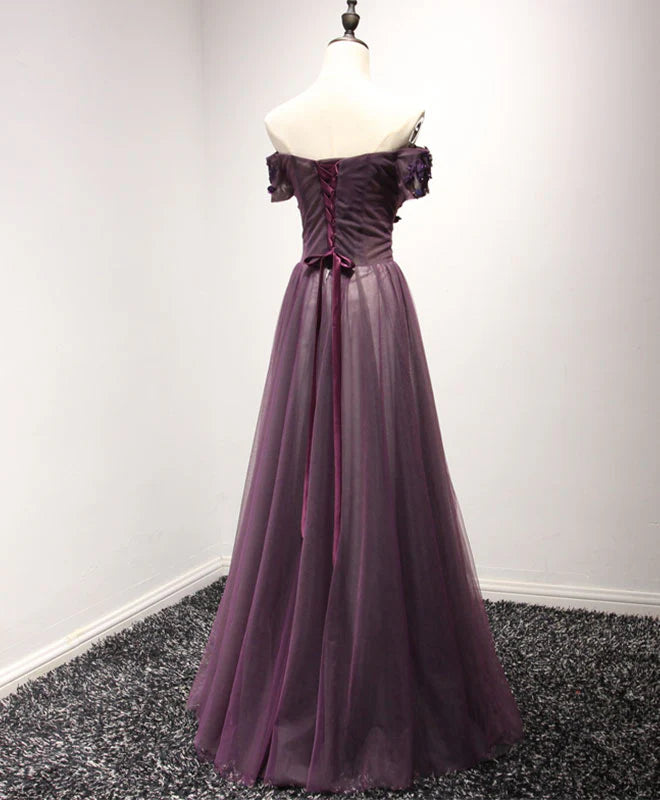 Tulle Lace Off Shoulder Long Prom Dress Purple Evening Dress