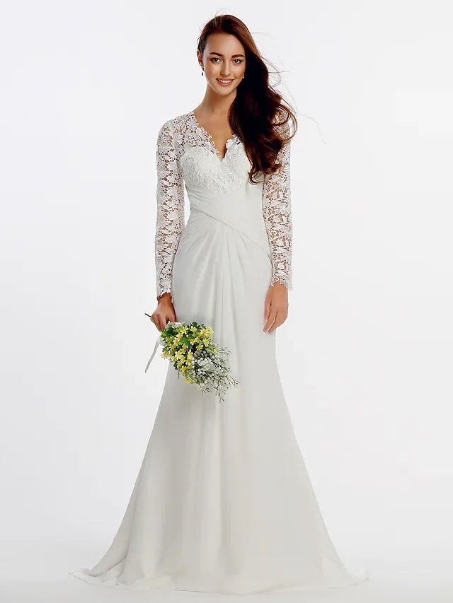 DingjiA-Line Wedding Dresses Jewel Neck Chapel Train Satin Long Sleeve Simple Plus Size Elegant