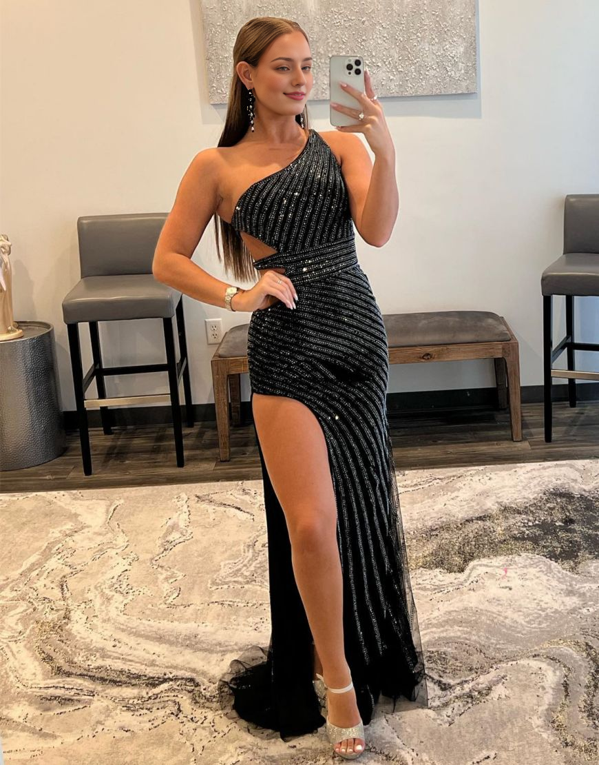 Sequin Waist Cutout Long Prom Dress