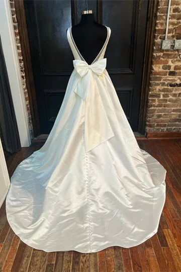 Satin Plunging Neck Bow-Back A-Line Long Wedding Dress