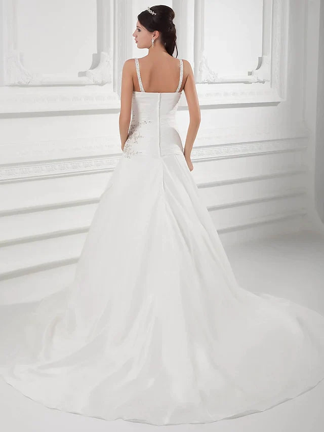 DingjiA-Line Wedding Dresses Square Neck Court Train Satin Taffeta Spaghetti Strap with Ruched Beading Draping