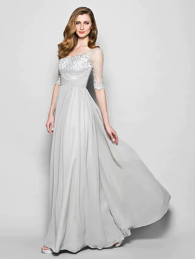 A-Line Mother of the Bride Dress V Neck Floor Length Chiffon Tulle Half Sleeve with Ruched Beading Sequin