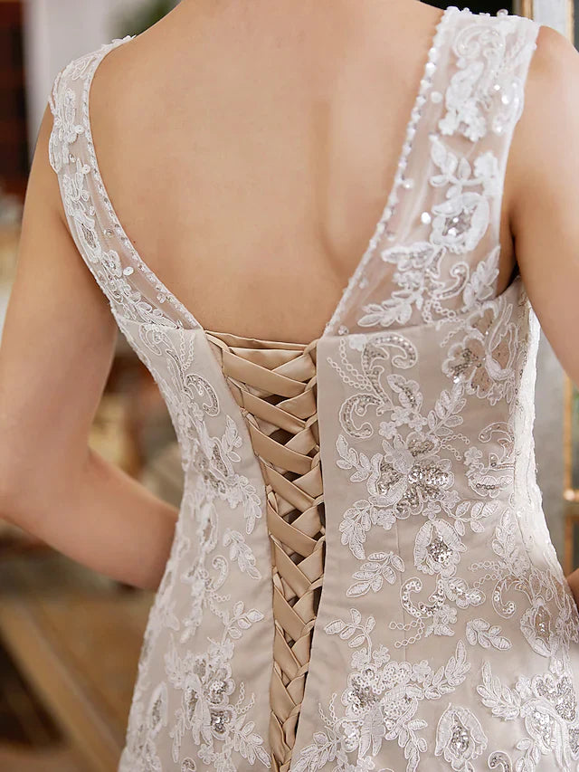 DingjiA-Line Wedding Dresses V Neck Court Train Lace Tulle Regular Straps Romantic Illusion Detail with Beading Appliques