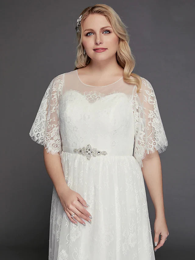 DingjiA-Line Wedding Dresses Illusion Neck Jewel Neck Floor Length Lace Tulle Half Sleeve Formal Boho Little White Dress See-Through with Beading Lace Insert