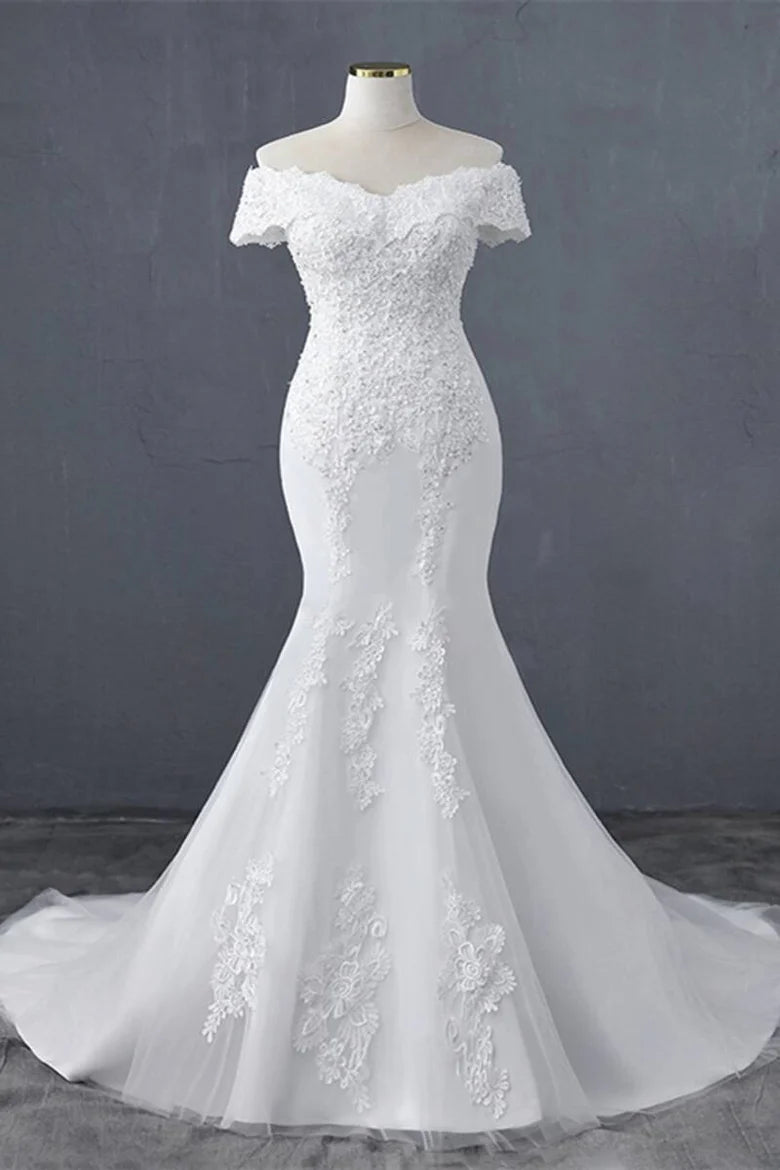 Floral Lace Off-the-Shoulder Trumpet Wedding Dress