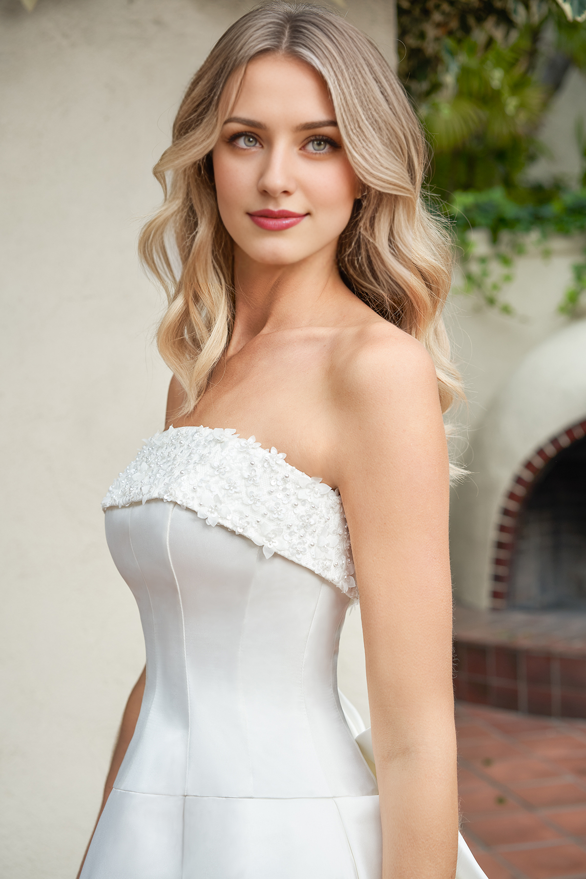 A-line off shoulder collar sleeveless bow decoration backless and floor length wedding dress