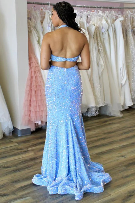 Iridescent Sequin Halter Trumpet Long Prom Dress
