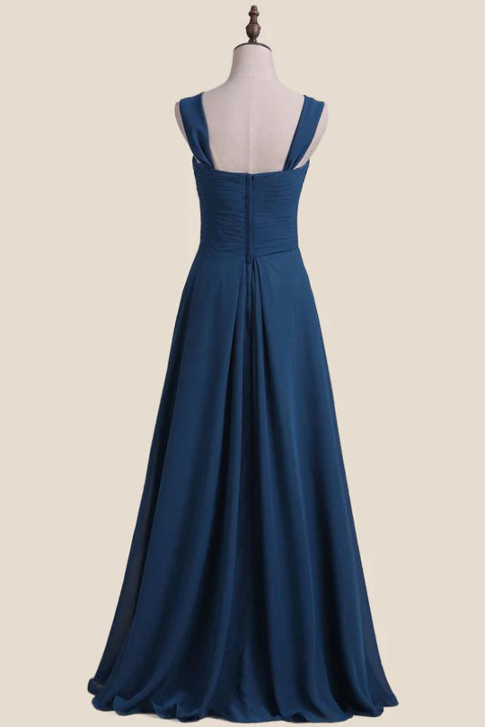 Straps Navy Pleated Chiffon A-line Bridesmaid Dress