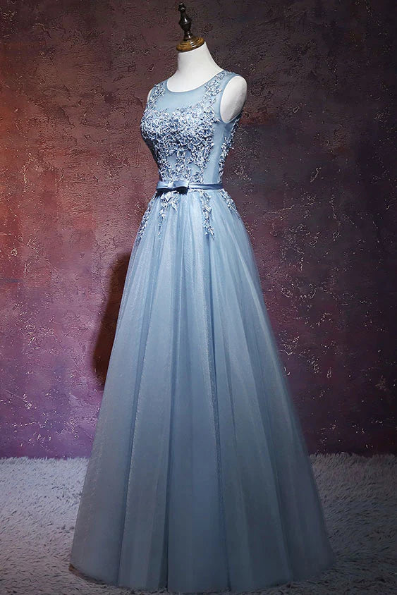 Gray blue tulle lace long prom dress blue tulle evening dress