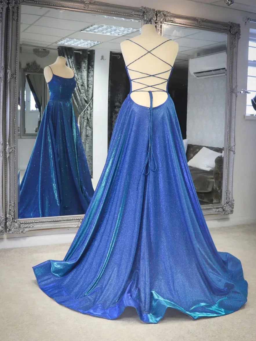 Simple blue satin long prom dress blue backless long evening dress