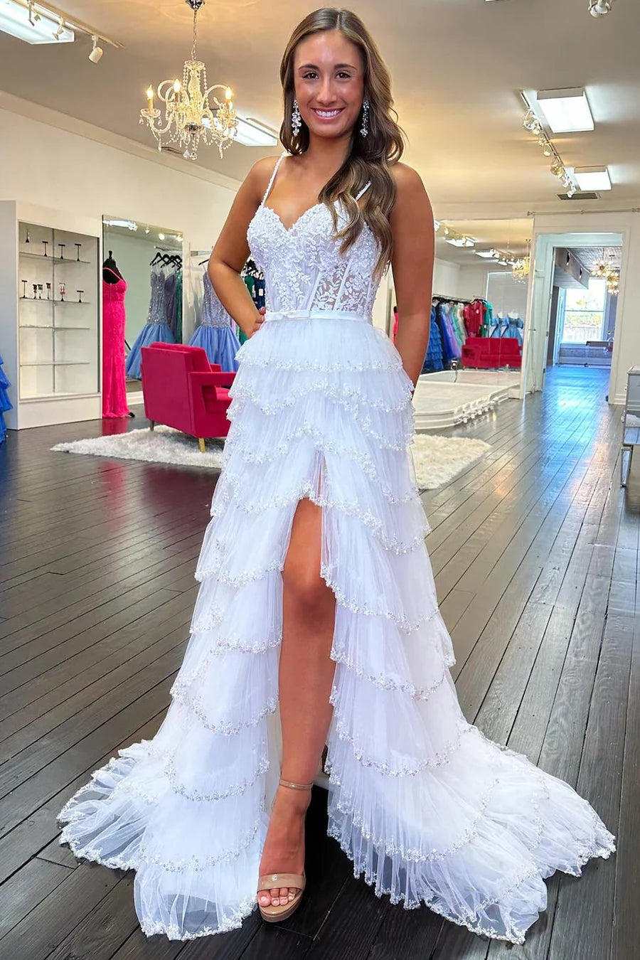 Lace Beaded Ruffle Tiered Long Prom Dress with Slit